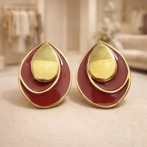 Vintage Stamped MONET Gold Tone Red Enamel Earrings Statement Cocktail Fashion